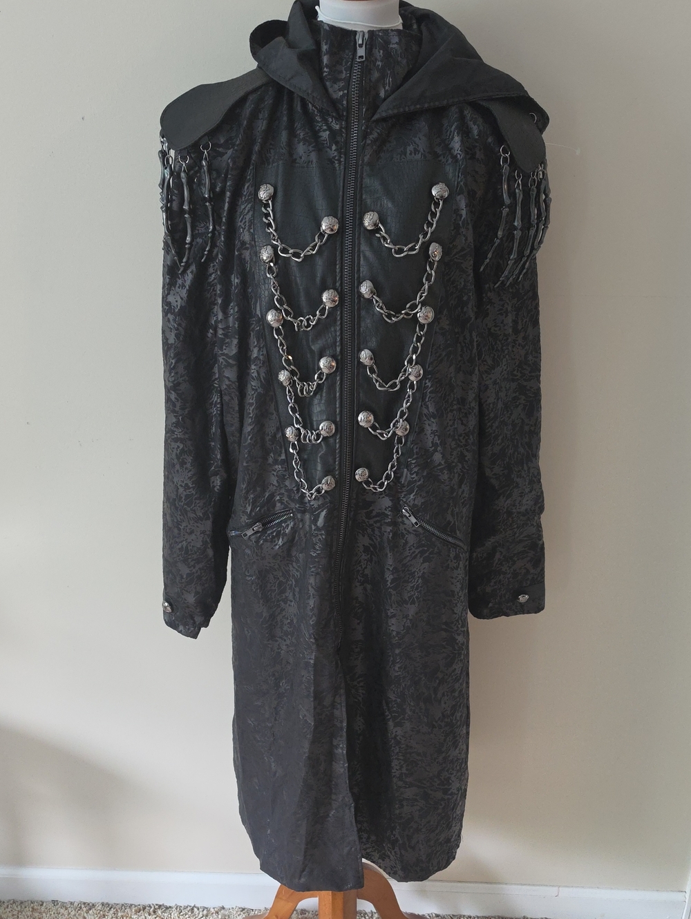 Spirit Black Gothic Chain-Trim Hooded Coat